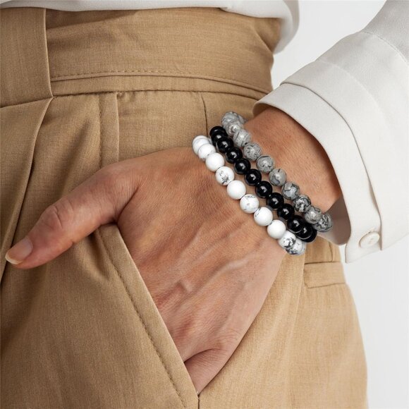 3PCS  Howlite Healing Crystal Natural Stone Beaded Stretch Bracelet for Women - Picture 3 of 6